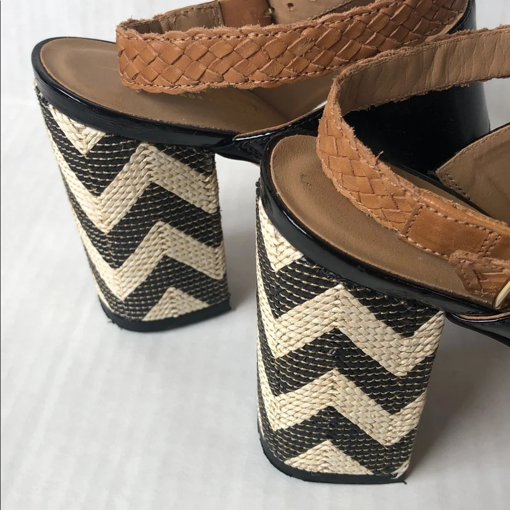 Tabita Brazil Patent leather Block Heel Sandals Black and Tan Size 8